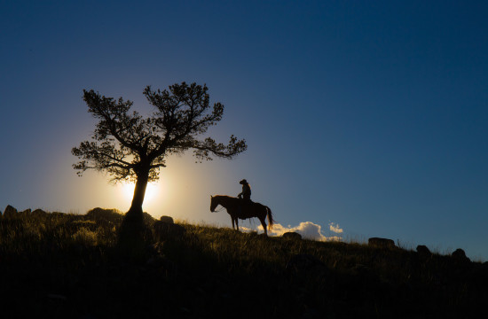 Silhouette of a person on horseback at sunset near CM Ranch in Dubois, WY | Wyoming dude ranch